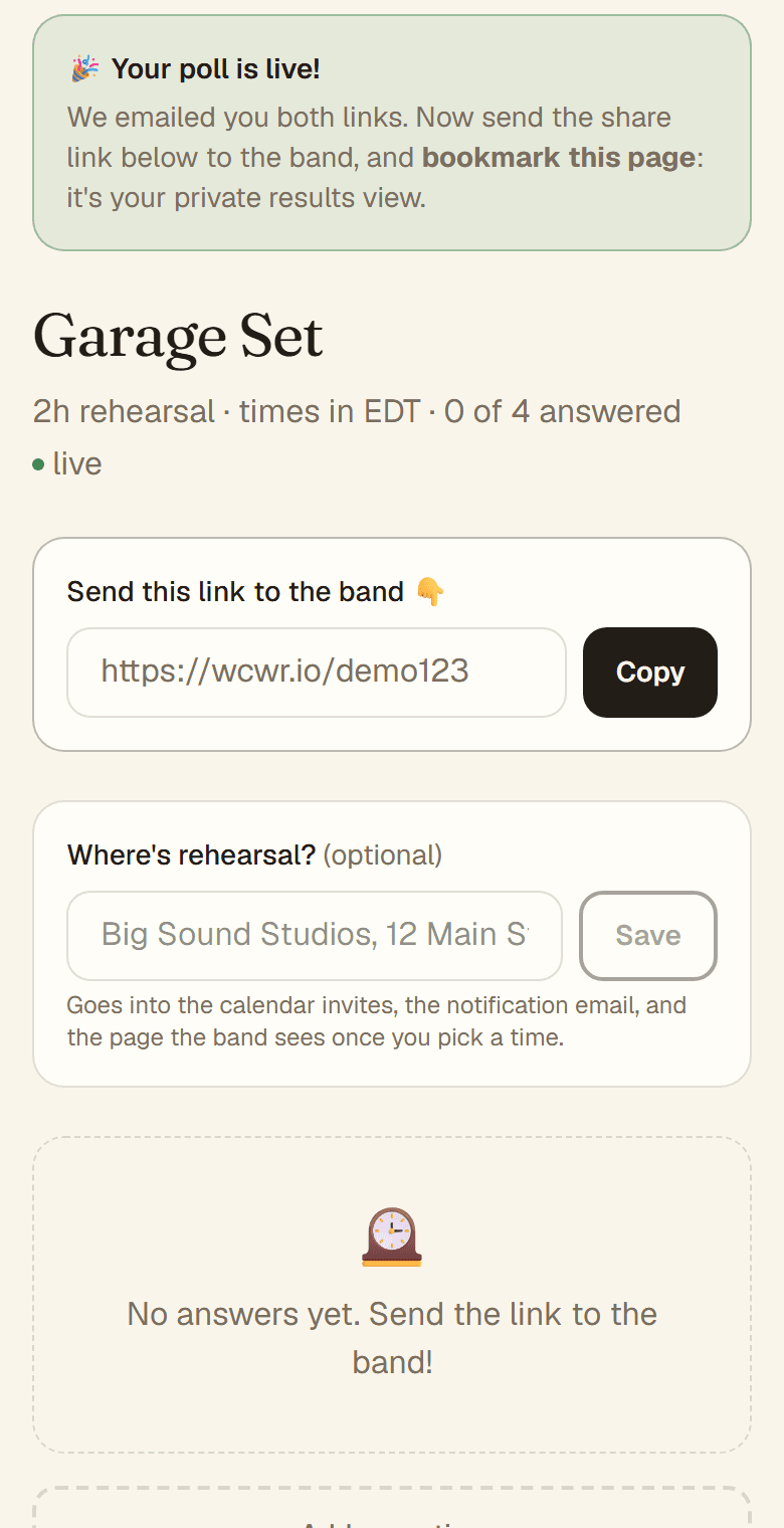 The results page right after creating a poll, with a 'Send this link to the band' box and a Copy button.