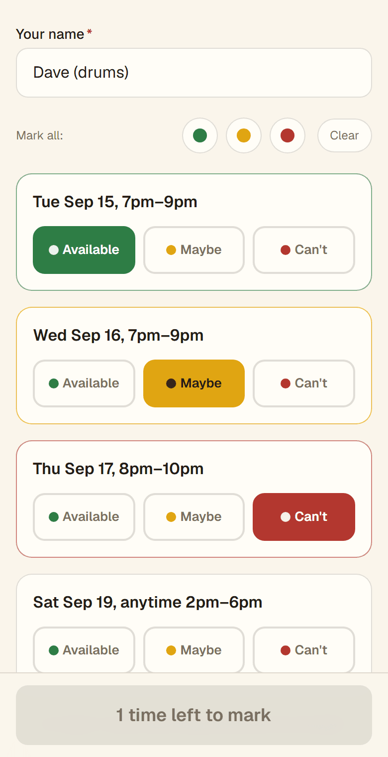 The answer page: a name field and, for each proposed time, Available, Maybe, and Can't buttons.