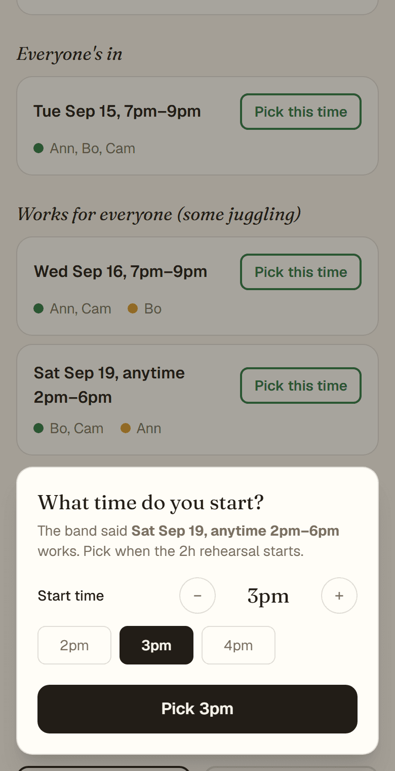 The 'What time do you start?' sheet: a start time with minus and plus buttons, hour chips for 2pm, 3pm, and 4pm, and a Pick 3pm button.
