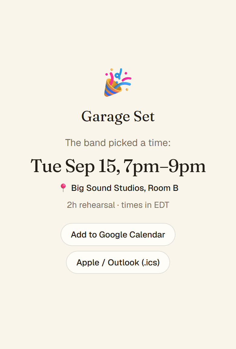 The announcement page: 'The band picked a time', the chosen time and location, and calendar buttons.